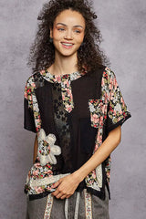 POL Lace Round Neck Short Sleeve Floral Pattern Top with Patch Detail Trendsi