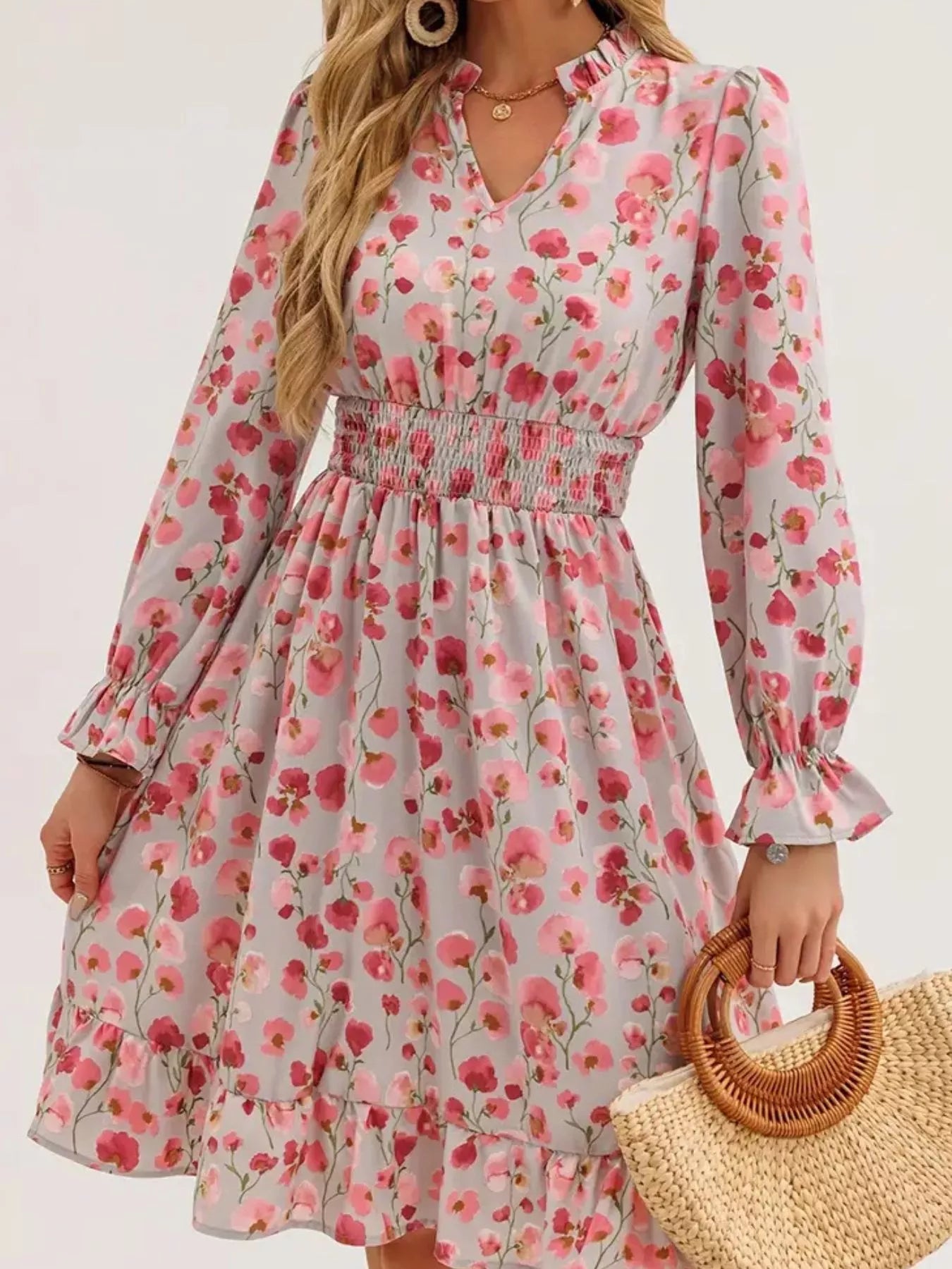 Floral Notched Flounce Sleeve Dress OutfitFlow