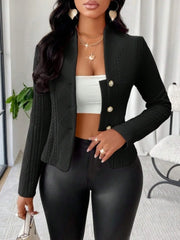 Textured Button Up Long Sleeve Jacket Black OutfitFlow