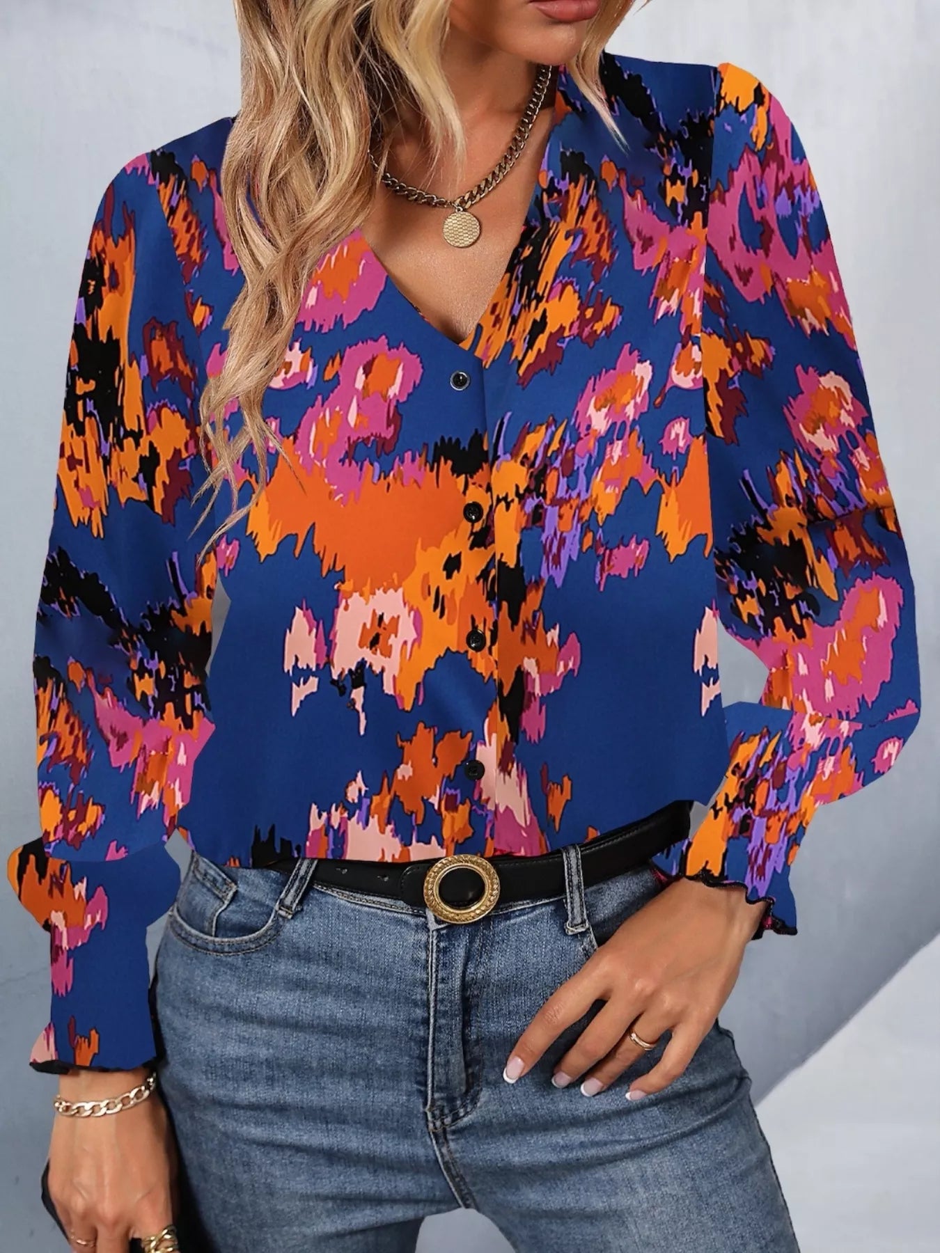 Printed Button Up Long Sleeve Shirt OutfitFlow