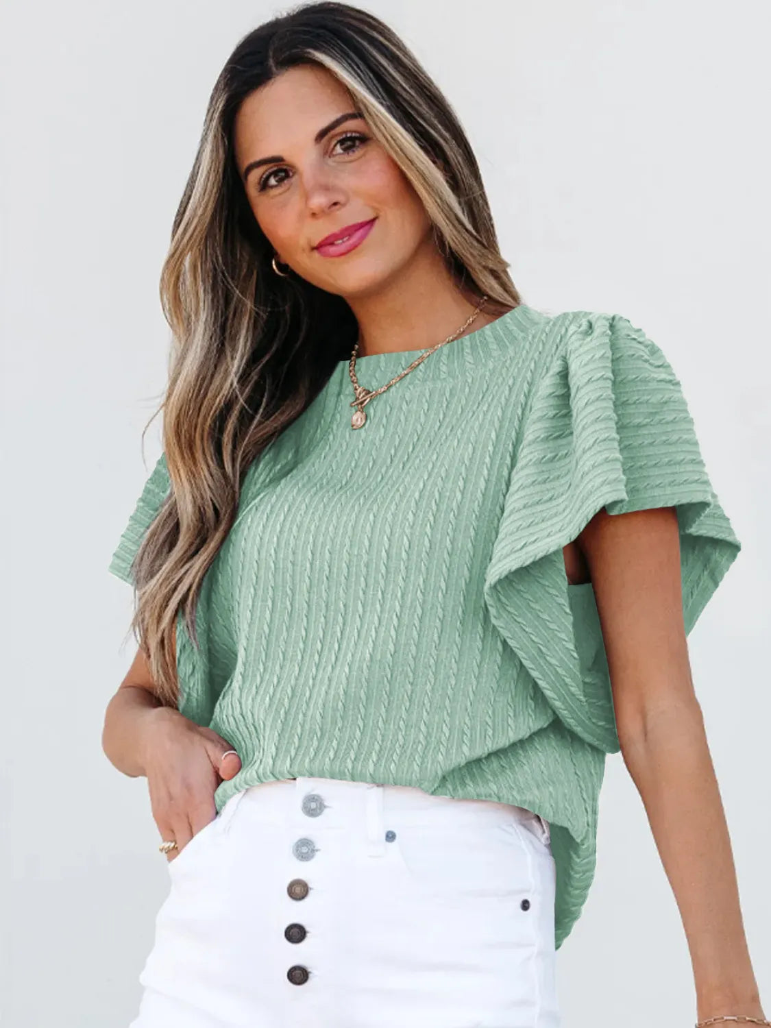 Round Neck Ruffle Sleeve Top OutfitFlow