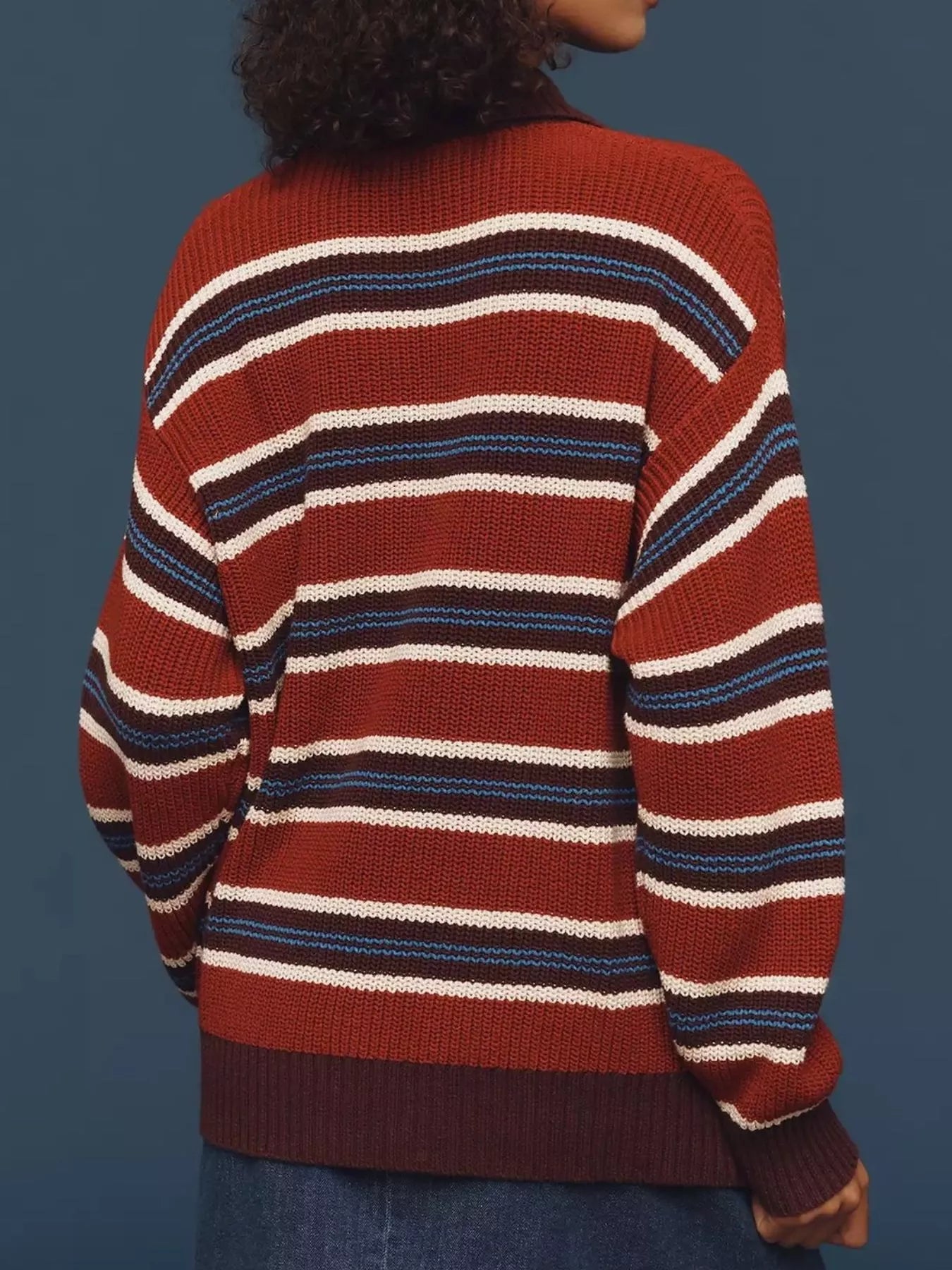 Striped Button Detail Polo Collar Sweater OutfitFlow