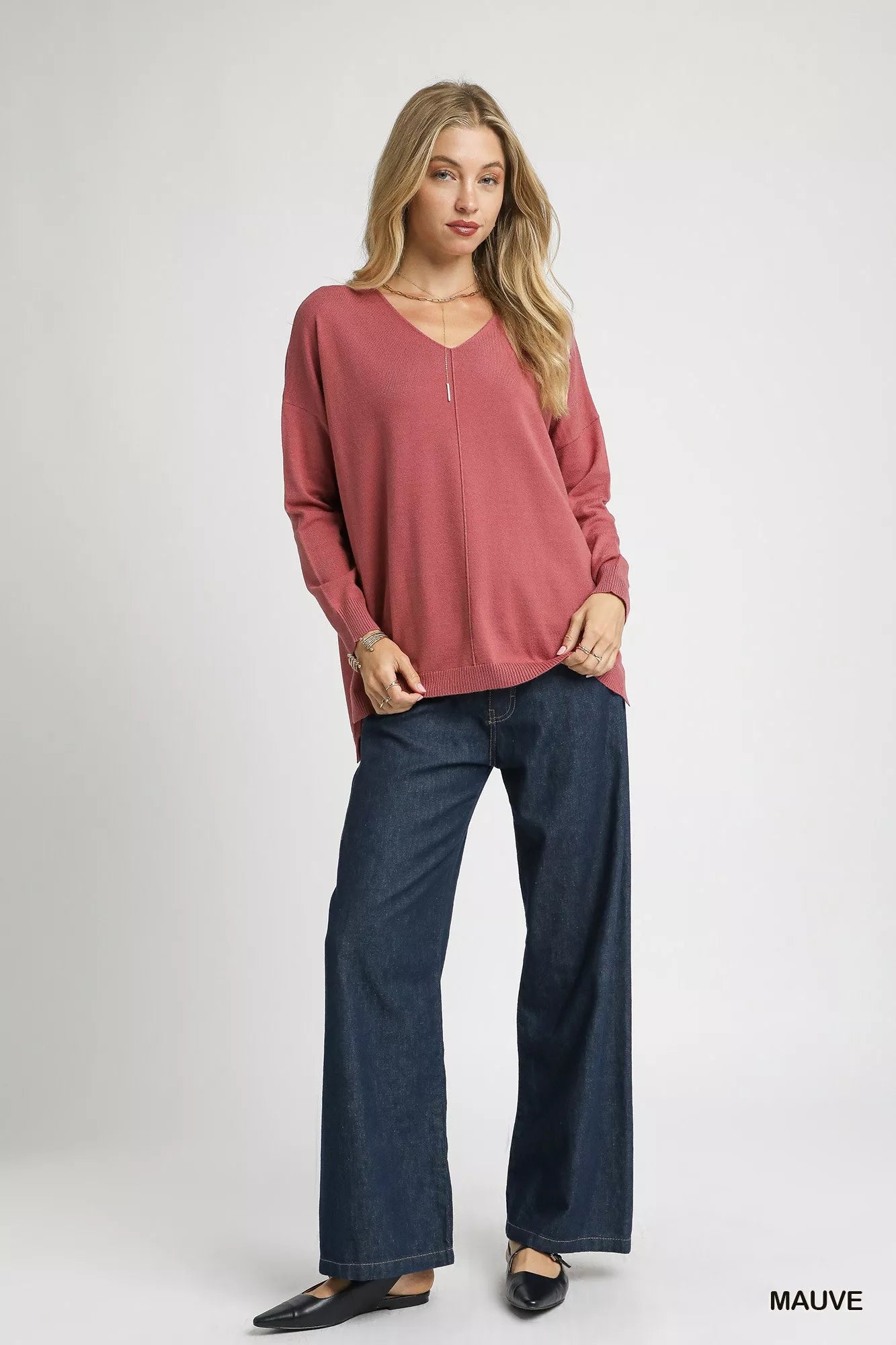 Umgee V-Neck High Low Hem Knit Top with Side Slit OutfitFlow