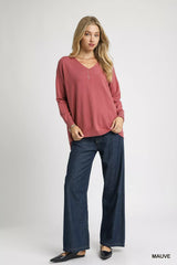 Umgee V-Neck High Low Hem Knit Top with Side Slit OutfitFlow