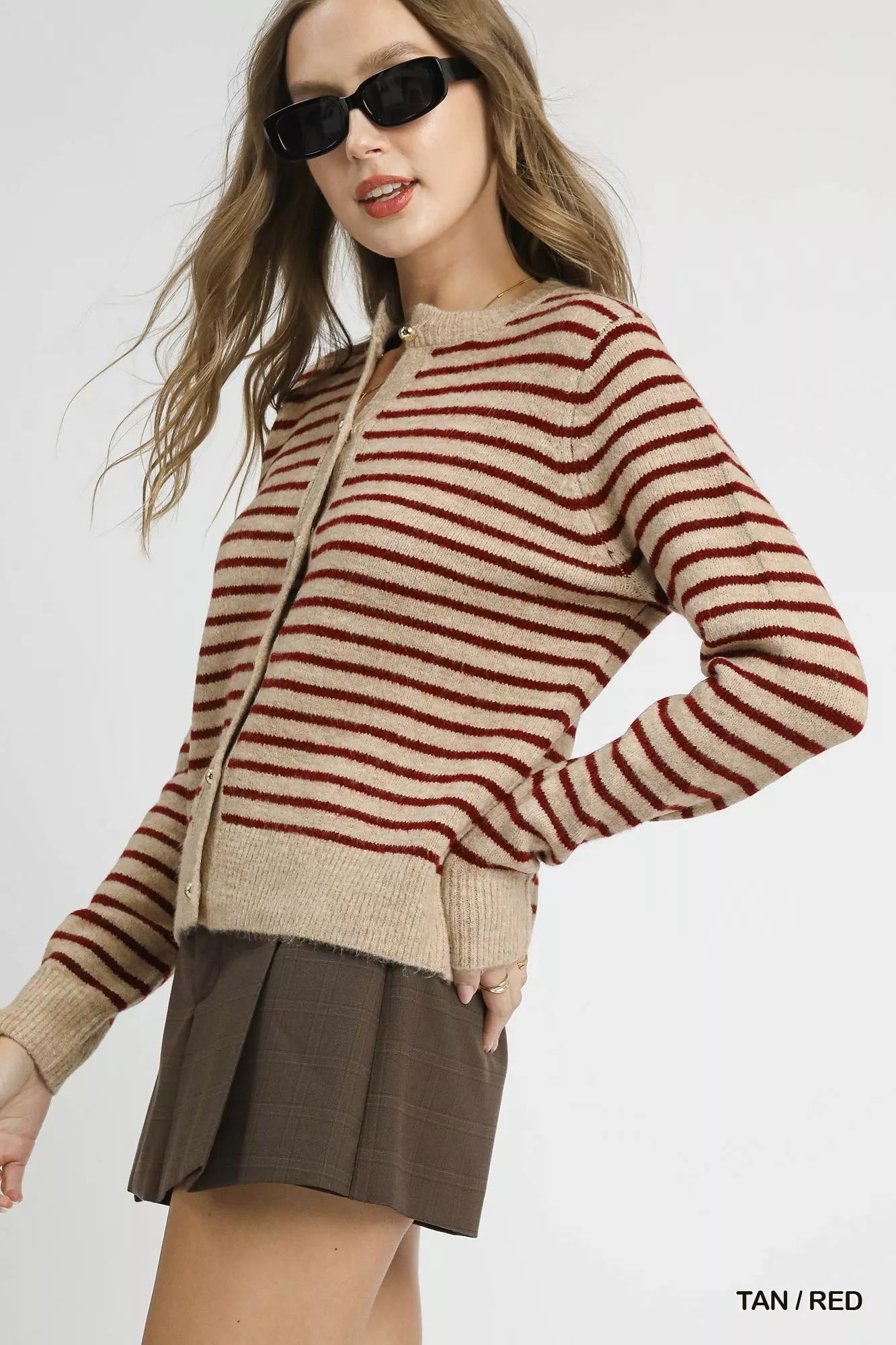Umgee Striped Button-Up Knit Cardigan OutfitFlow