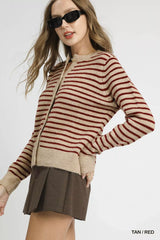 Umgee Striped Button-Up Knit Cardigan OutfitFlow