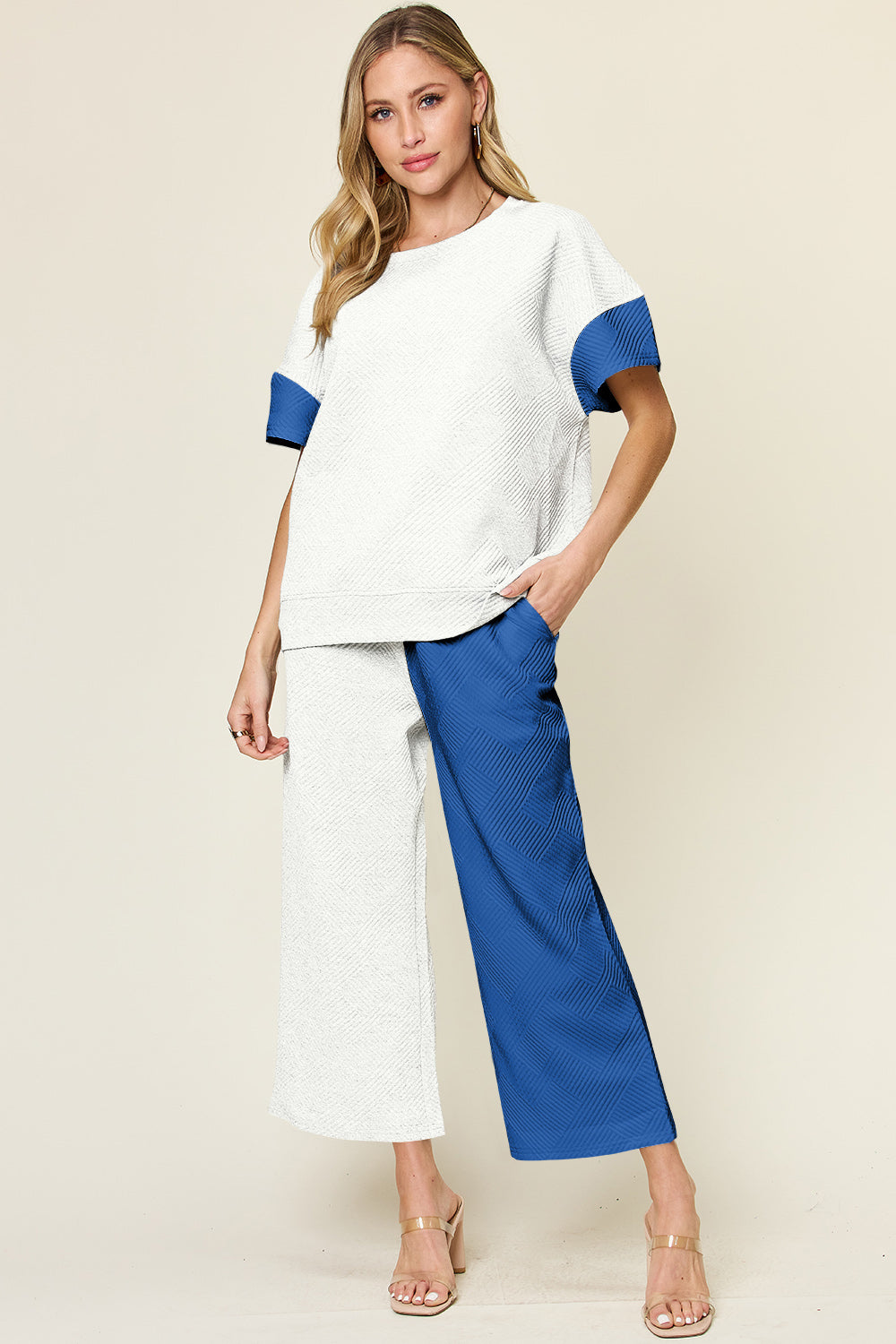 Outfit Flow - Double Take Full Size Texture Contrast T-Shirt and Wide Leg Pants Set