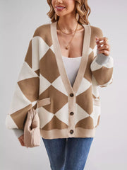 Diamond Pattern Button-Up Knit Cardigan OutfitFlow