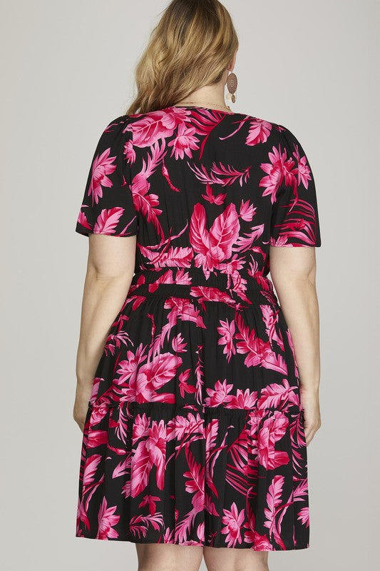 She + Sky Full Size Printed Notched Short Sleeve Frill Tiered Dress Plus Size OutfitFlow