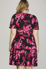 She + Sky Full Size Printed Notched Short Sleeve Frill Tiered Dress Plus Size OutfitFlow