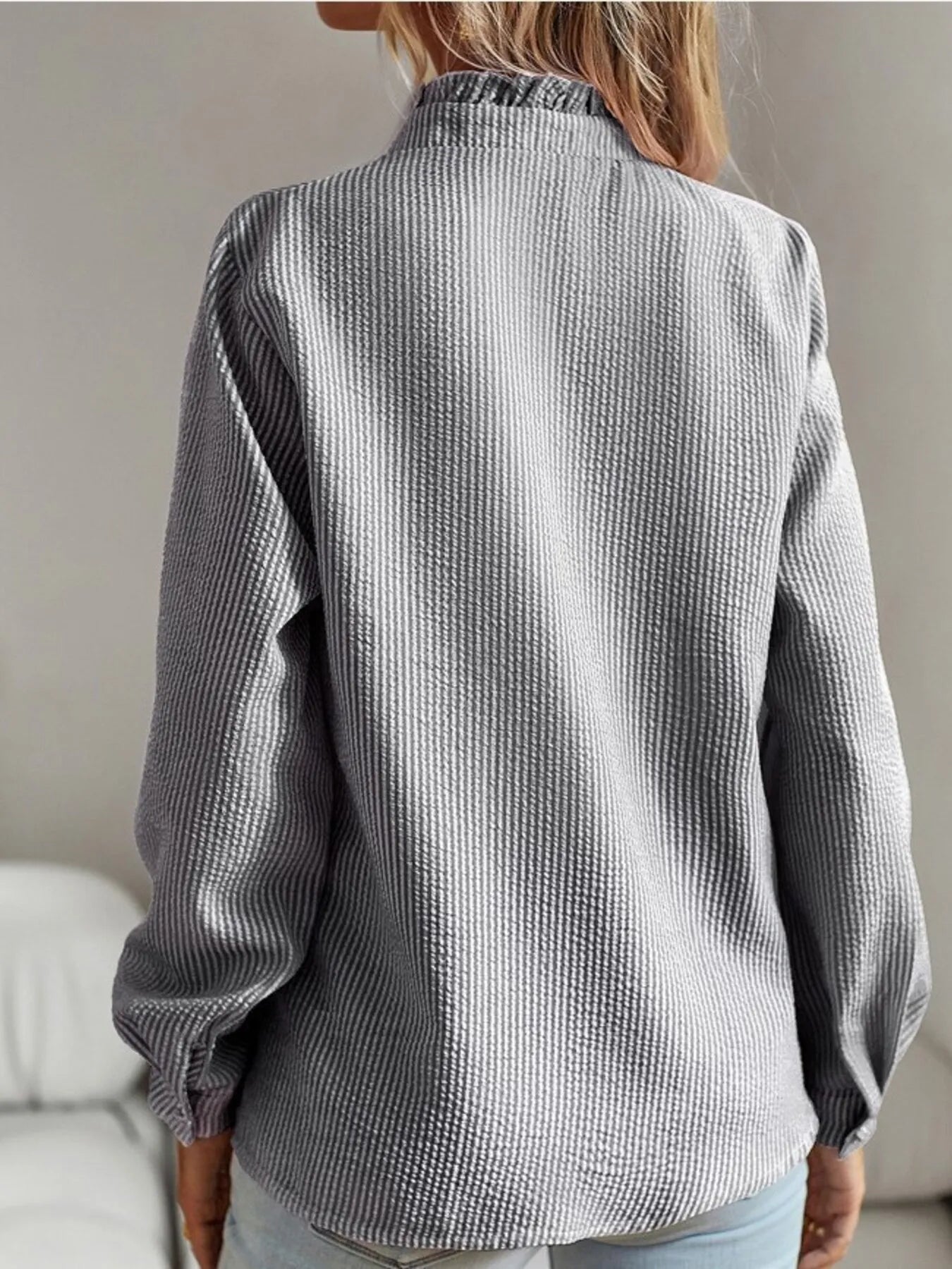 Striped Ruffle Detail Button-Up Blouse OutfitFlow