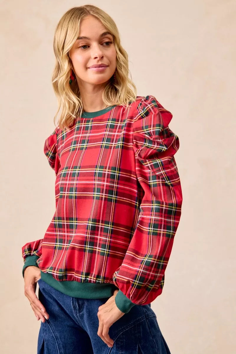 BiBi Christmas Plaid Exaggerated Shoulder Sleeves Top OutfitFlow