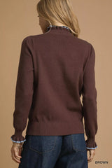 Umgee Ribbed Round Neck Sweater with Ruffle Contrast Trim OutfitFlow