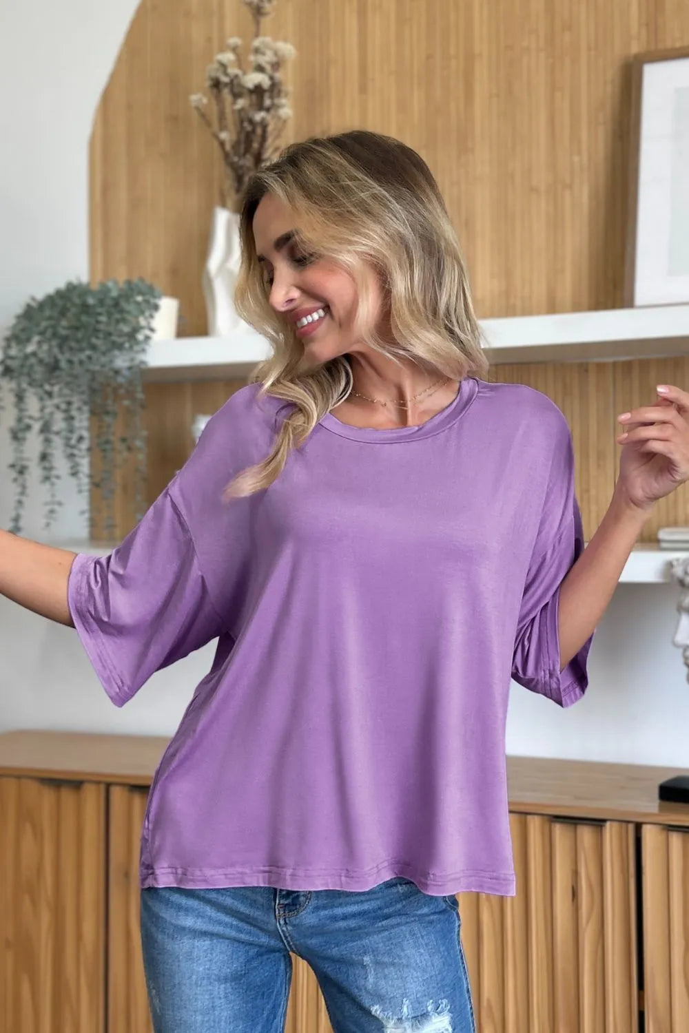 Basic Bae Bamboo Full Size Round Neck Drop Shoulder T-Shirt OutfitFlow