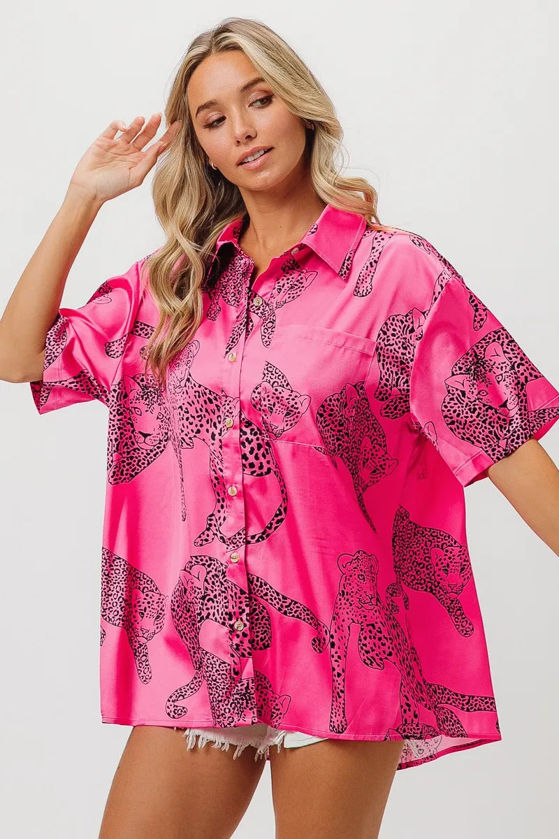 BiBi Leopard Print Short Sleeve Silky Satin Shirt Top OutfitFlow