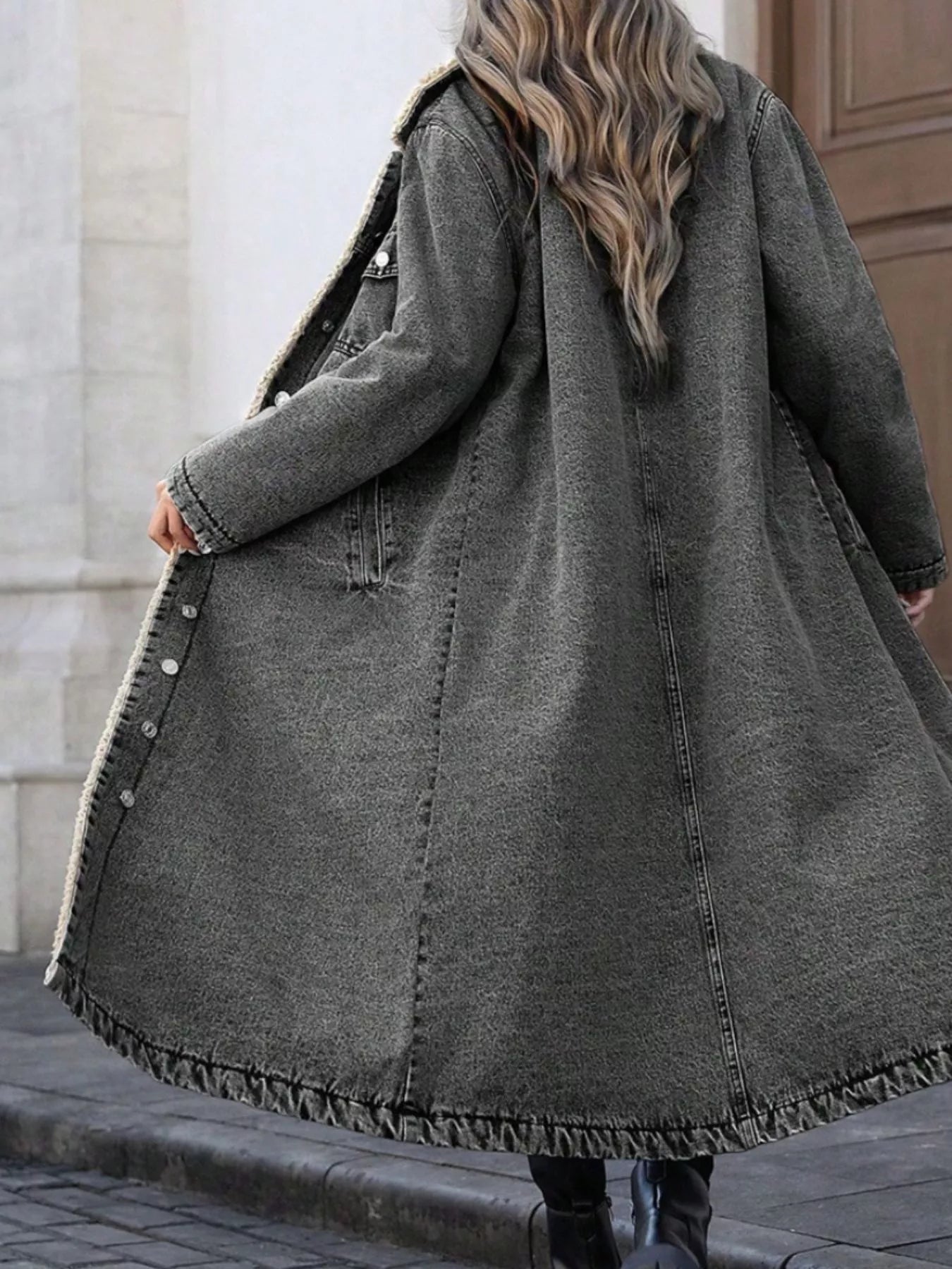 Sherpa Lined Longline Denim Jacket OutfitFlow