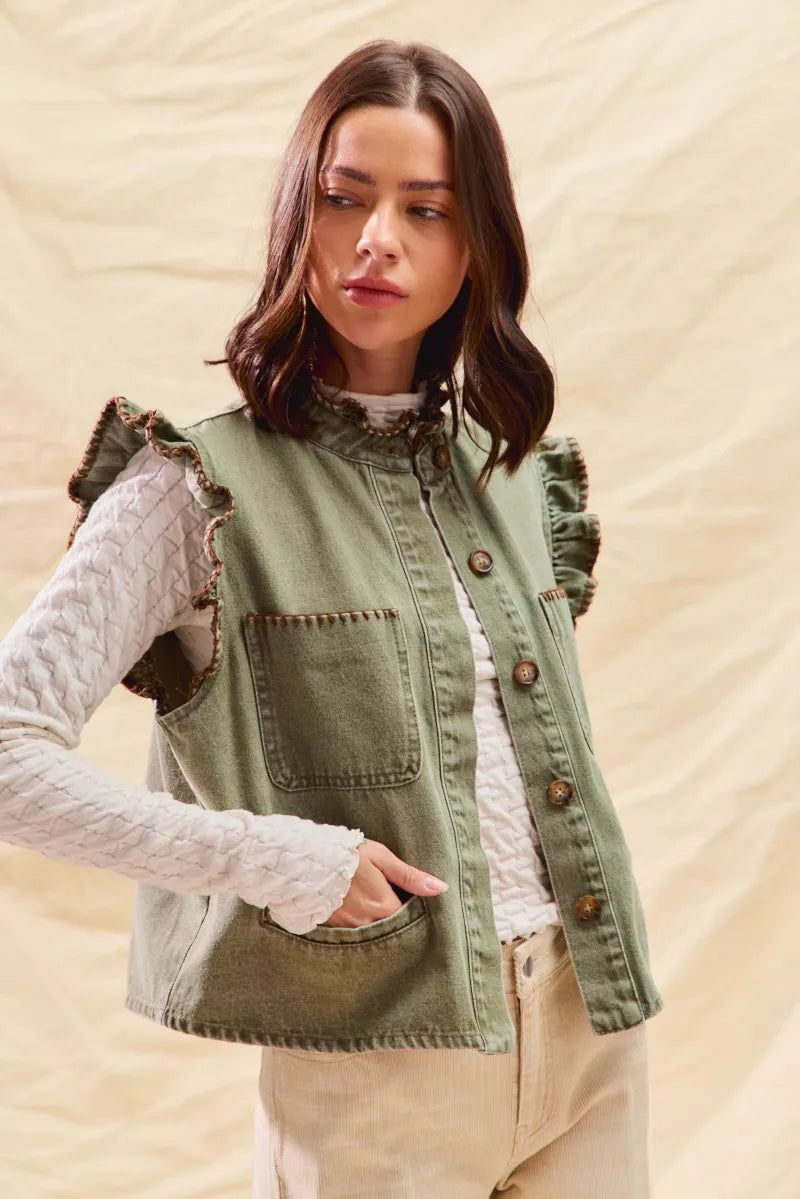 SO ME Washed Denim Stitch Ruffled Hidden Button Vest Top OutfitFlow