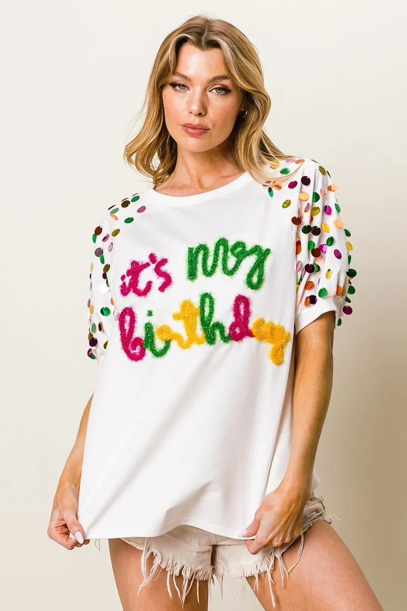 BiBi Metallic Letter Spangle Raglan Puff Sleeve Top OutfitFlow