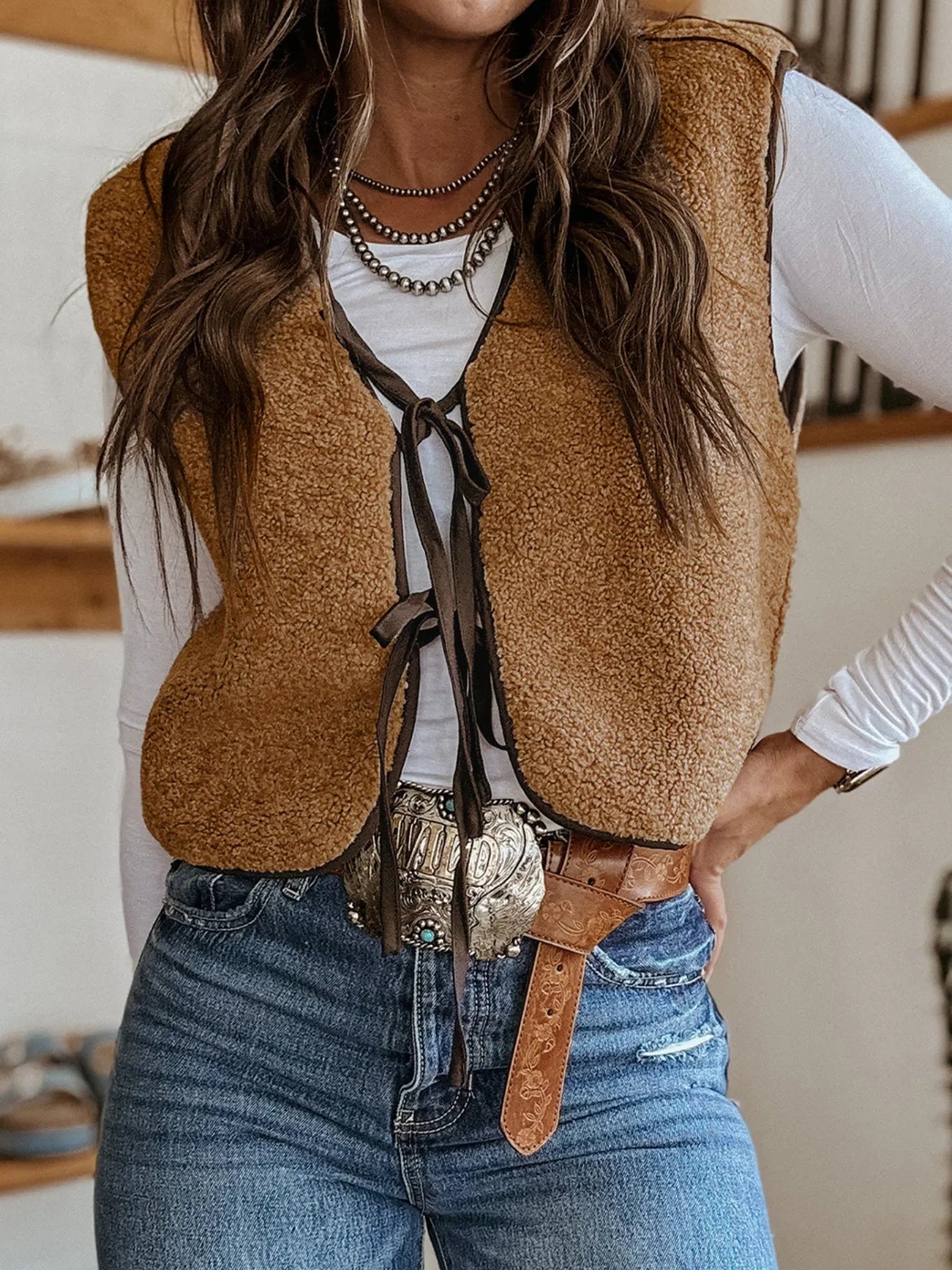 Double Tied Front Vest Coat Trendsi