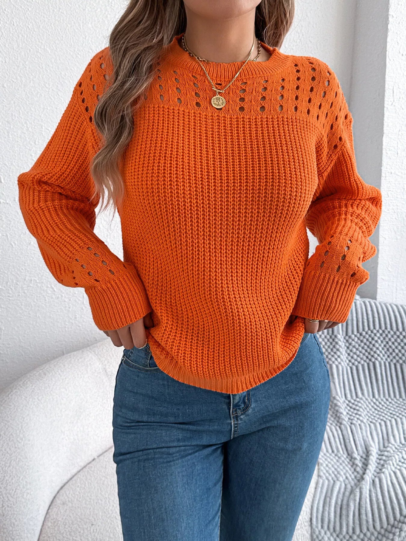 Openwork Round Neck Long Sleeve Sweater OutfitFlow