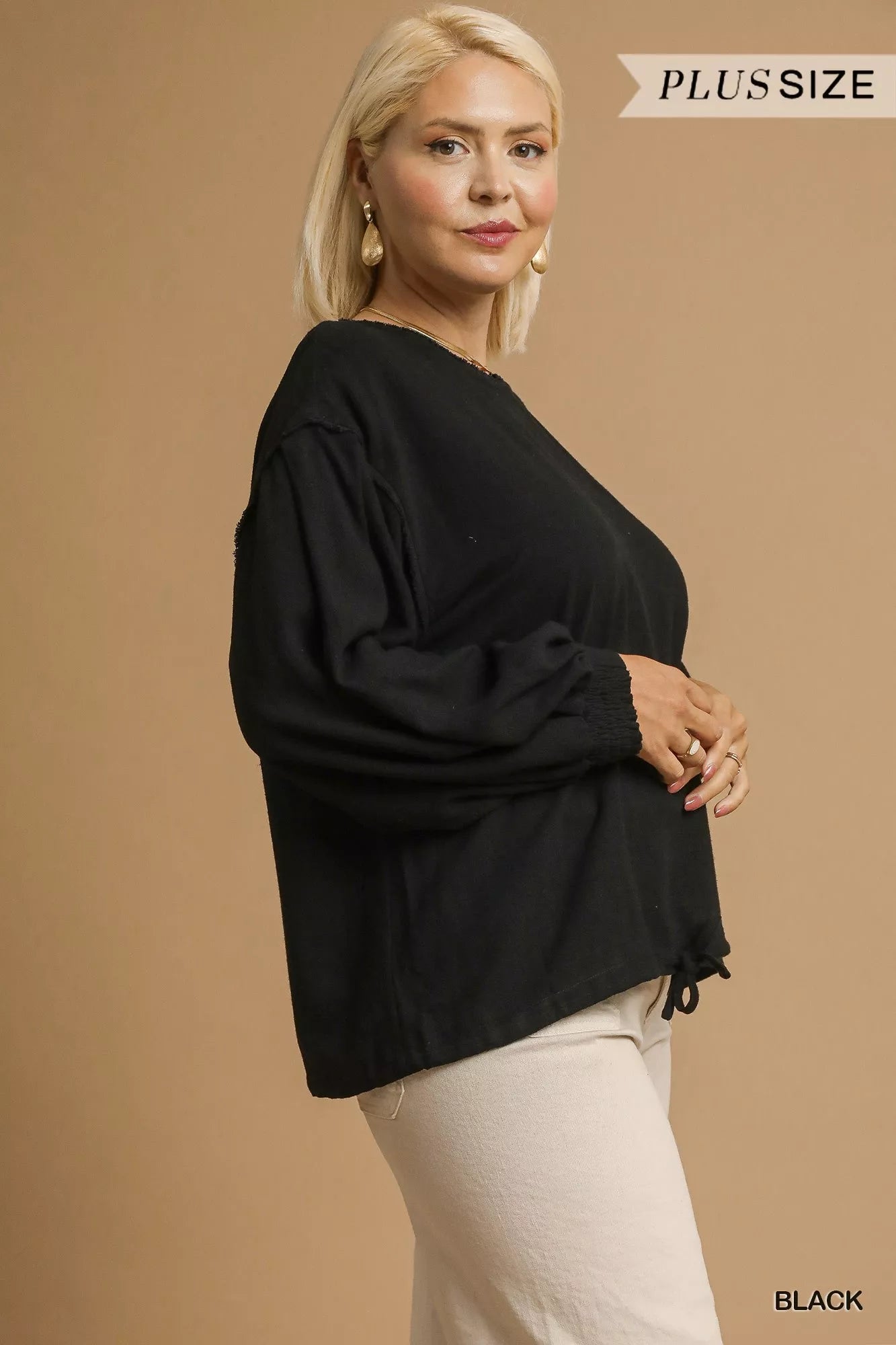 Umgee Full Size Linen Long Sleeve Top with Drawstring Plus Size Trendsi