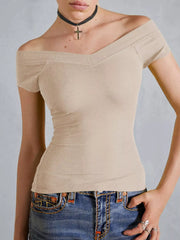 Ribbed V-Neck Cap Sleeve Fitted T-Shirt Dust Storm OutfitFlow