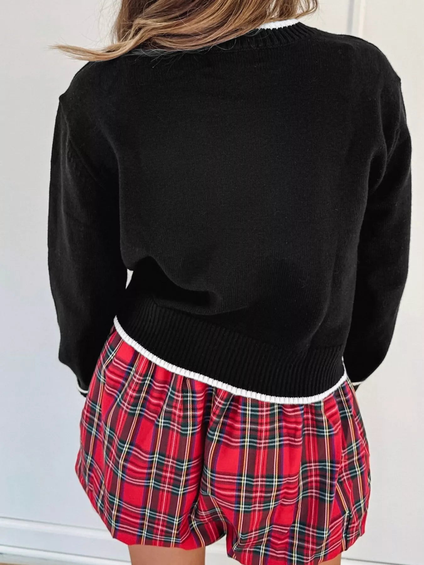Contrast Trim Bow Accent Holiday Cropped Sweater OutfitFlow