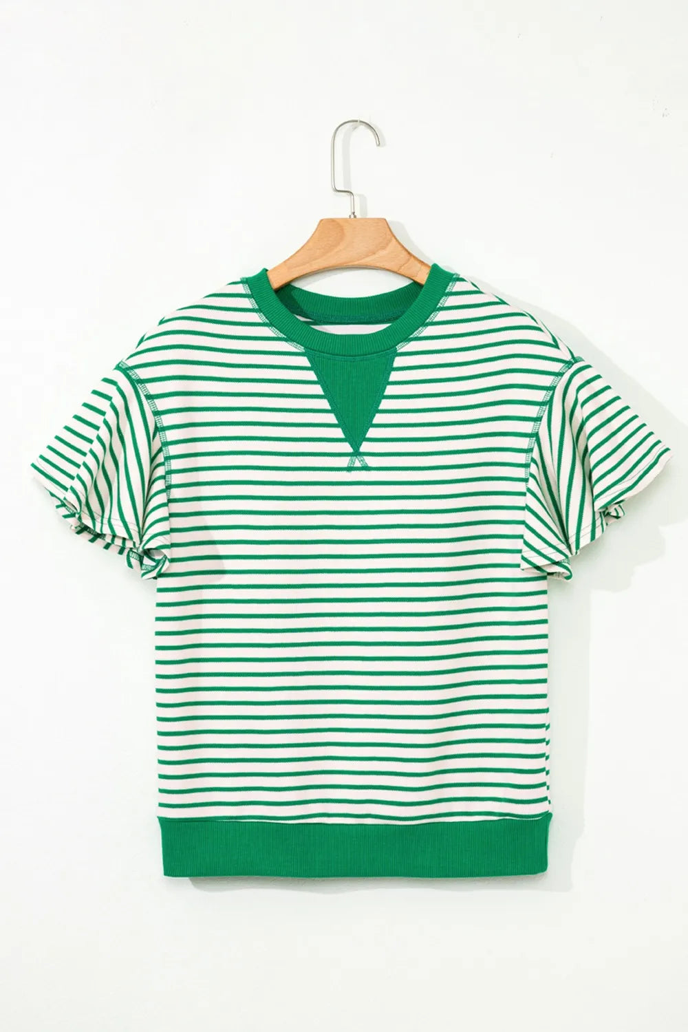Striped Flounce Sleeve Casual Blouse OutfitFlow