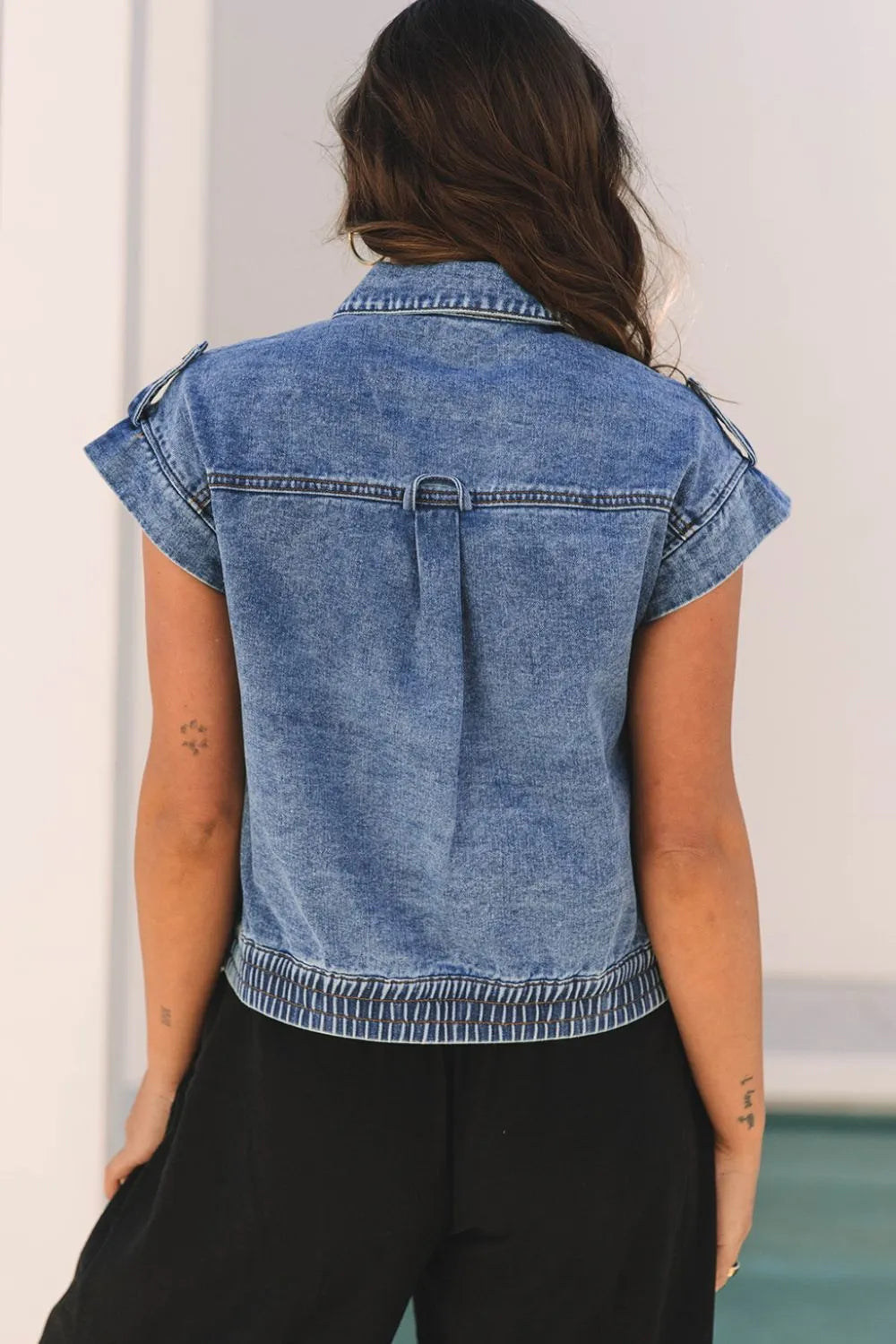 Button Up Cap Sleeve Denim Jacket OutfitFlow
