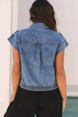 Button Up Cap Sleeve Denim Jacket OutfitFlow
