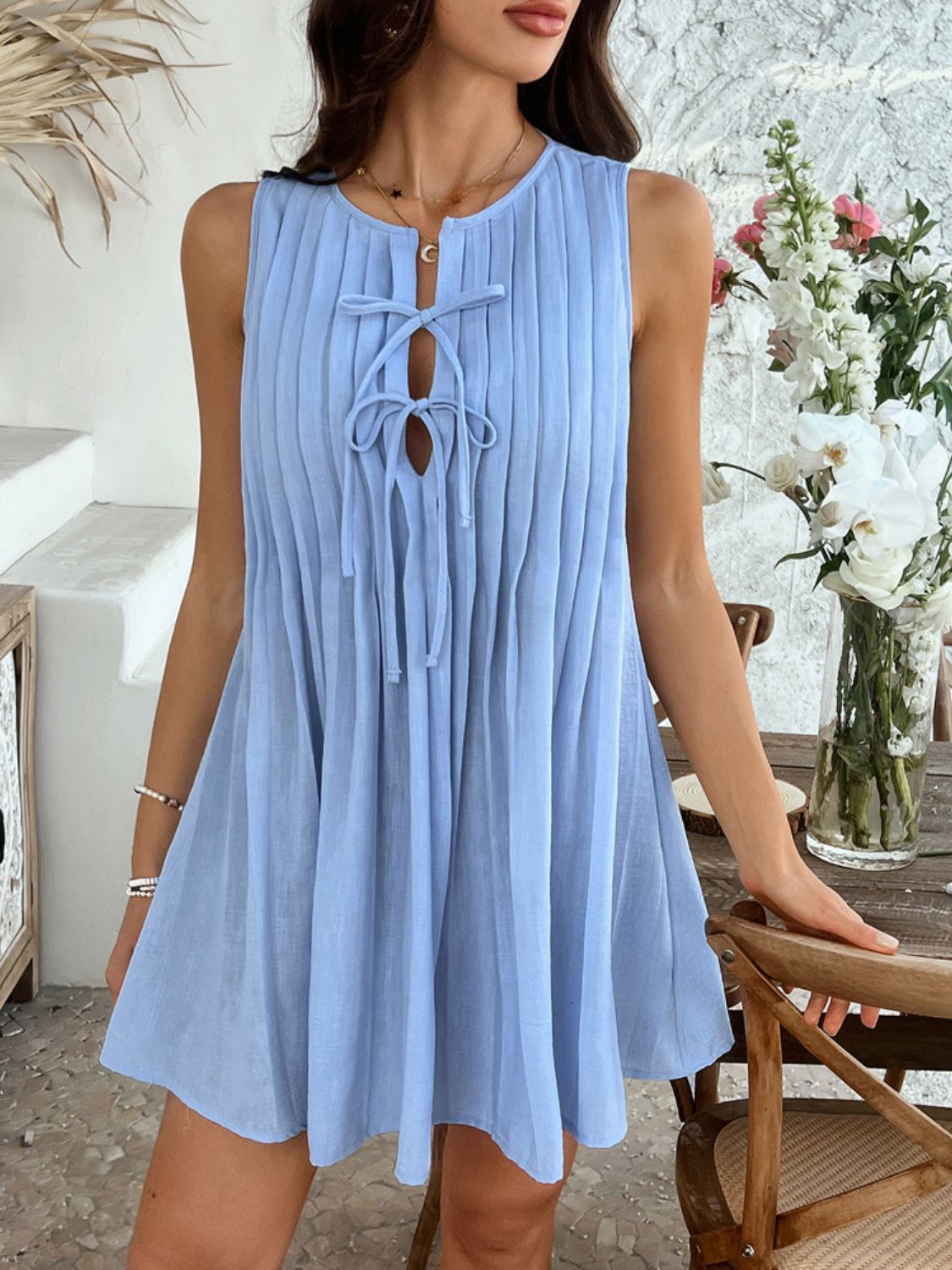 Devine Pleated Sleeveless Mini Dress Light Blue OutfitFlow