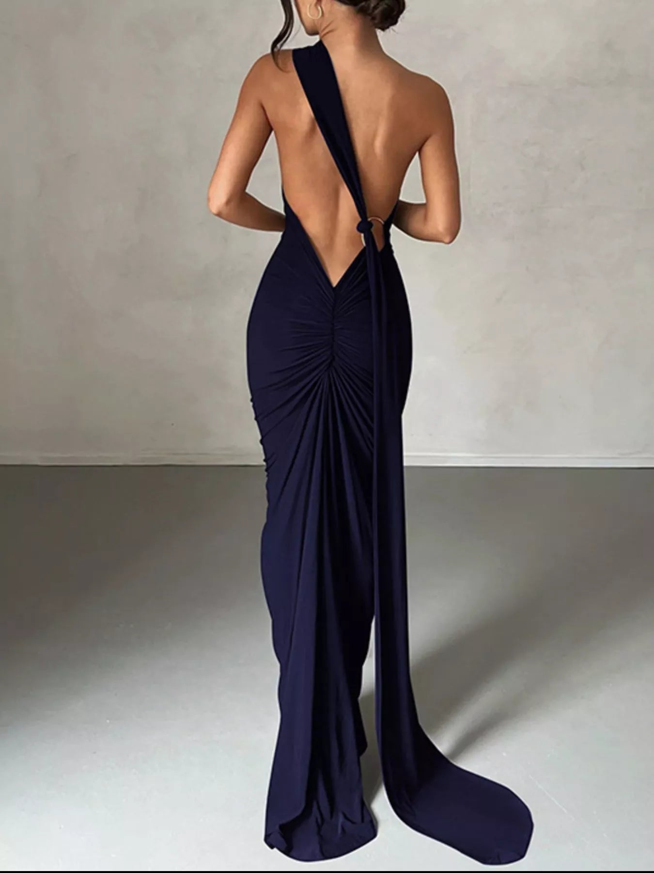 Backless One-Shoulder Ruched Bodycon Maxi Dress OutfitFlow
