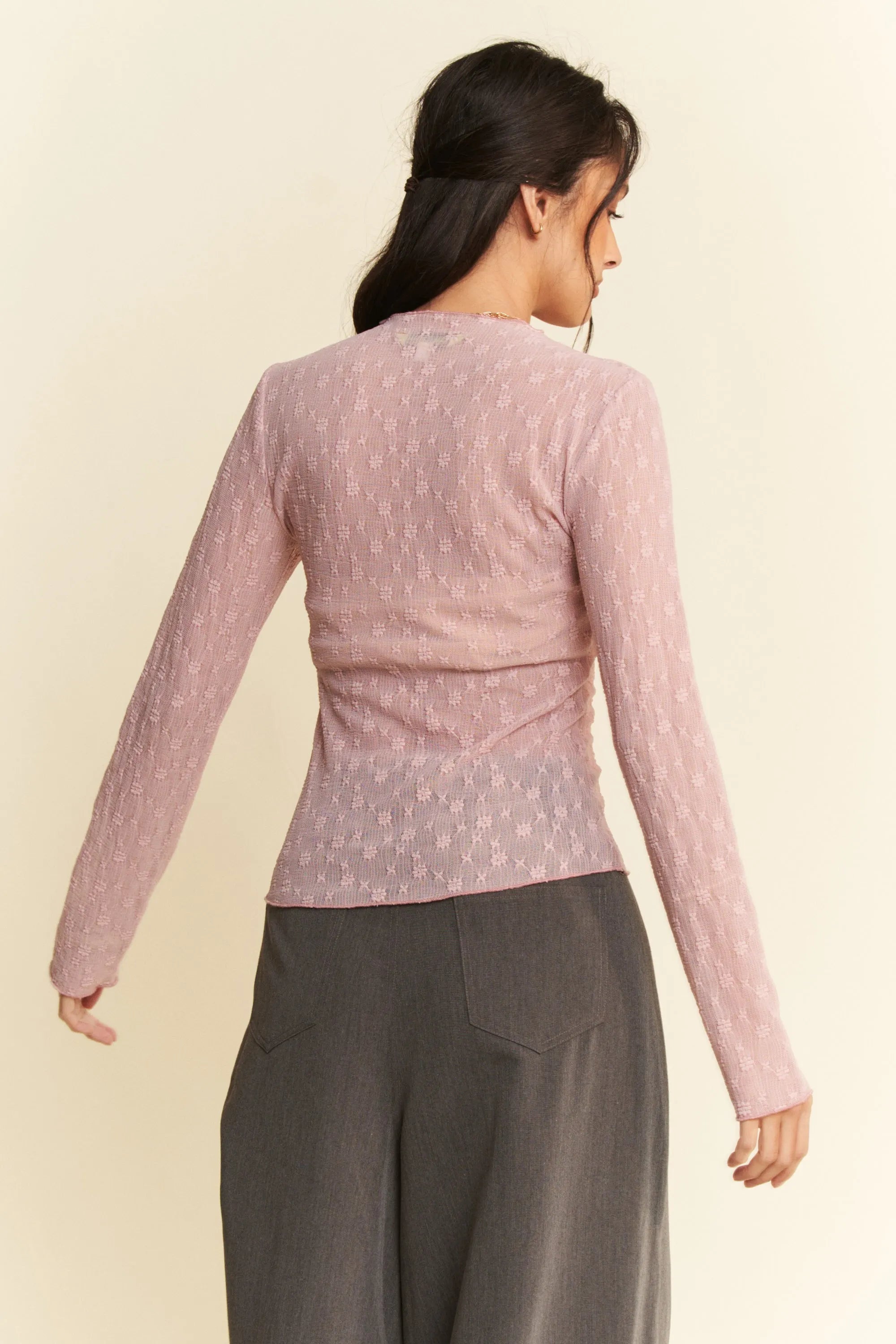 Davi & Dani Long Sleeve Sheer Small Embroidered Bows Lace Top OutfitFlow