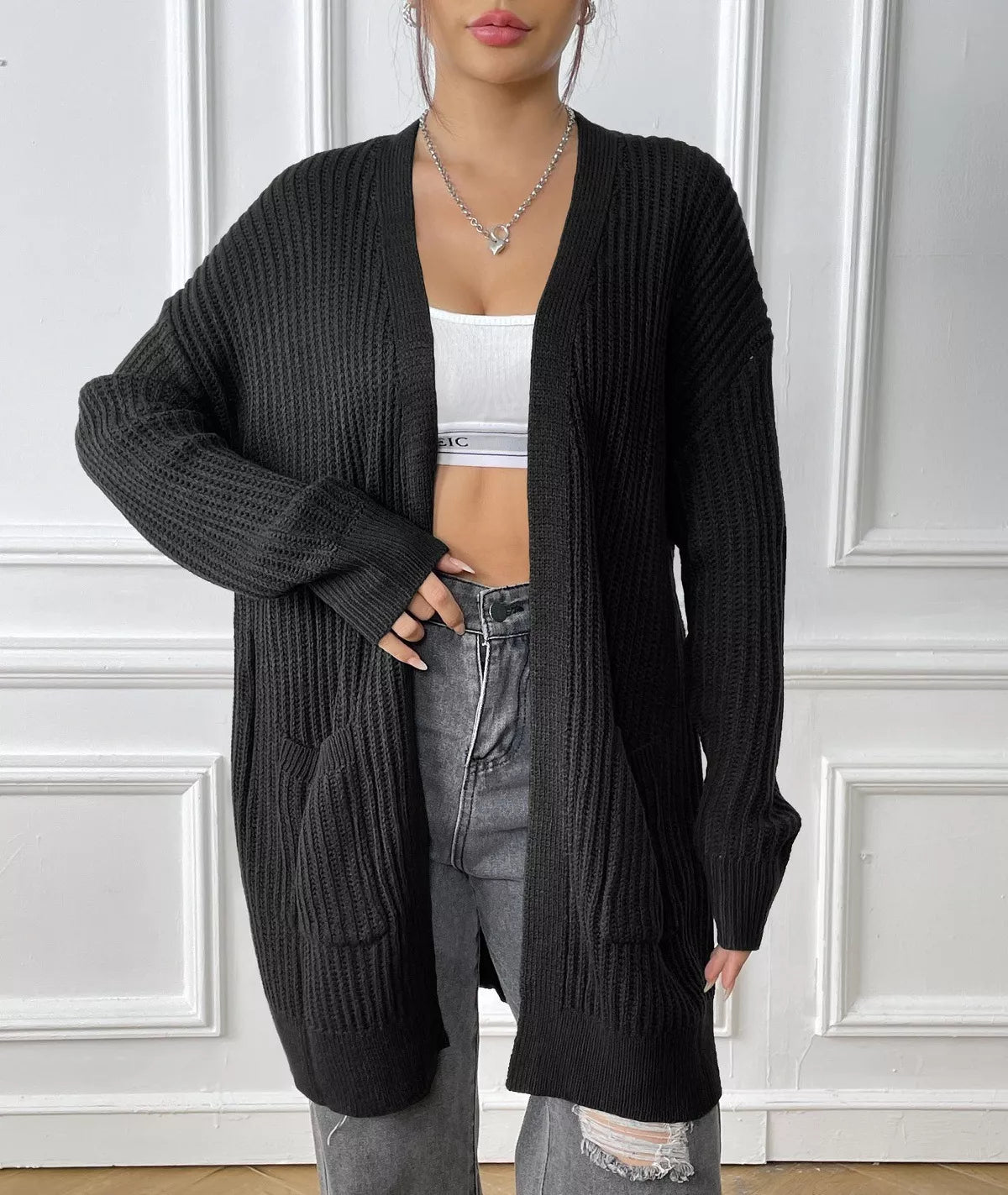 Open Front Drop Shoulder Cardigan OutfitFlow