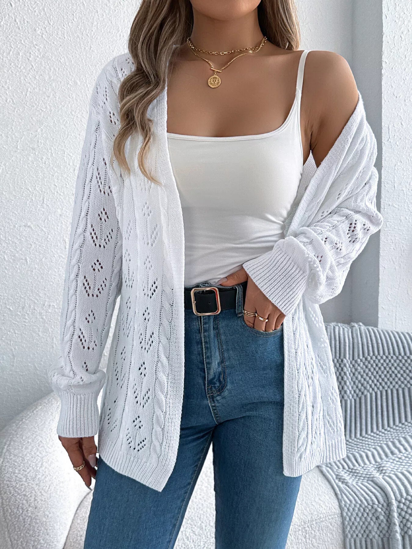 Openwork Open Front Long Sleeve Cardigan OutfitFlow