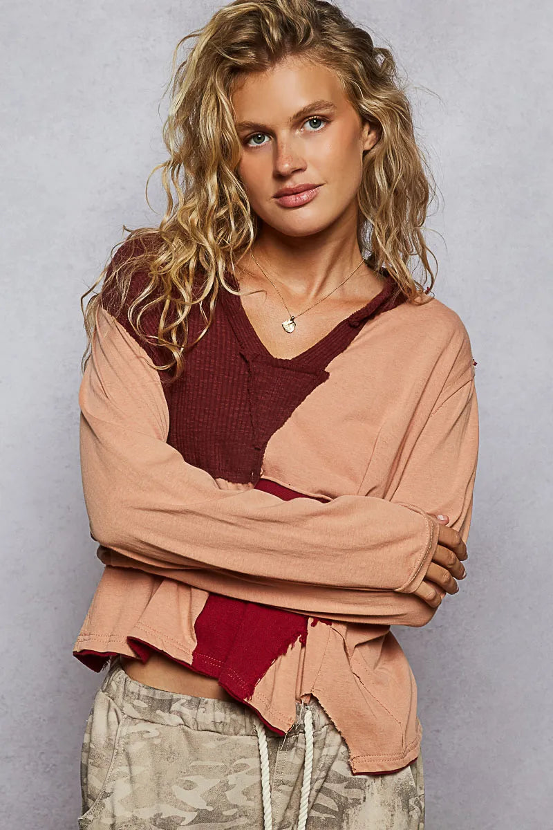POL Color Block Notched Long Sleeve T-Shirt OutfitFlow