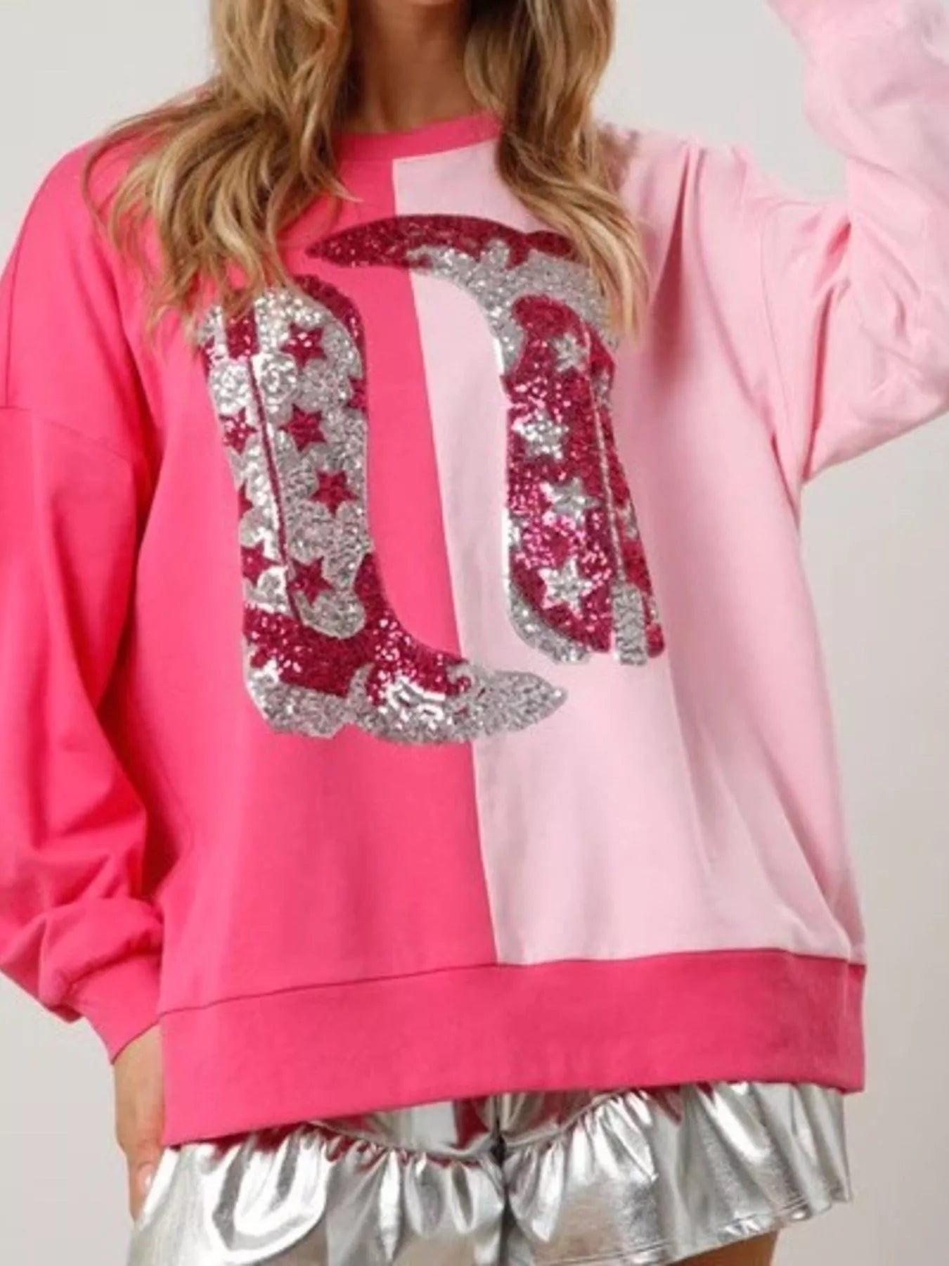 Sequin Boots Color Block Sweatshirt OutfitFlow