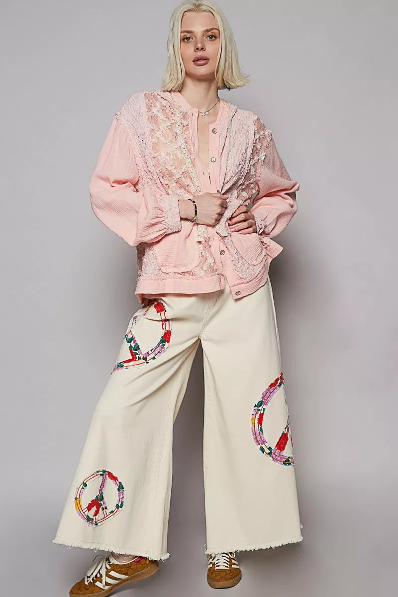 POL Exposed Seam Button Down Hooded Jacket with Lace Detail OutfitFlow
