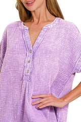 Zenana Washed Double Gauze 3/4 Button Henley Neck Shirt OutfitFlow