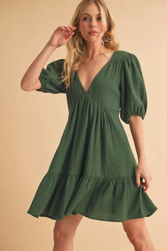 Tied Back Ruffled Short Sleeve Mini Dress OutfitFlow
