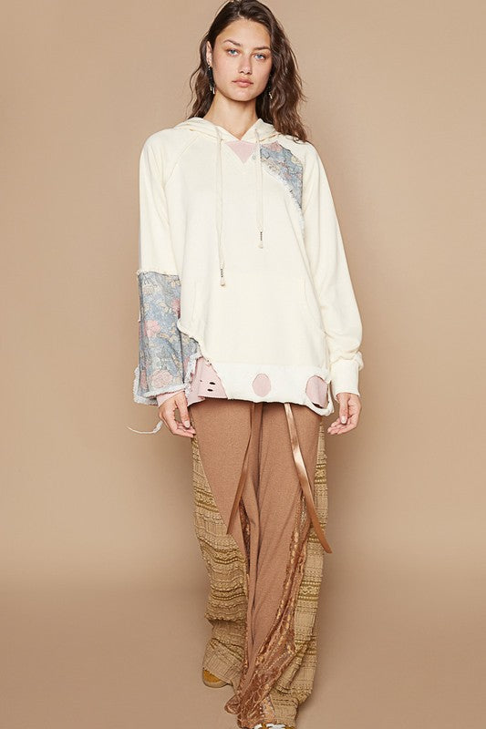 Outfit Flow - POL Floral Patchwork Distressed Drawstring Hoodie