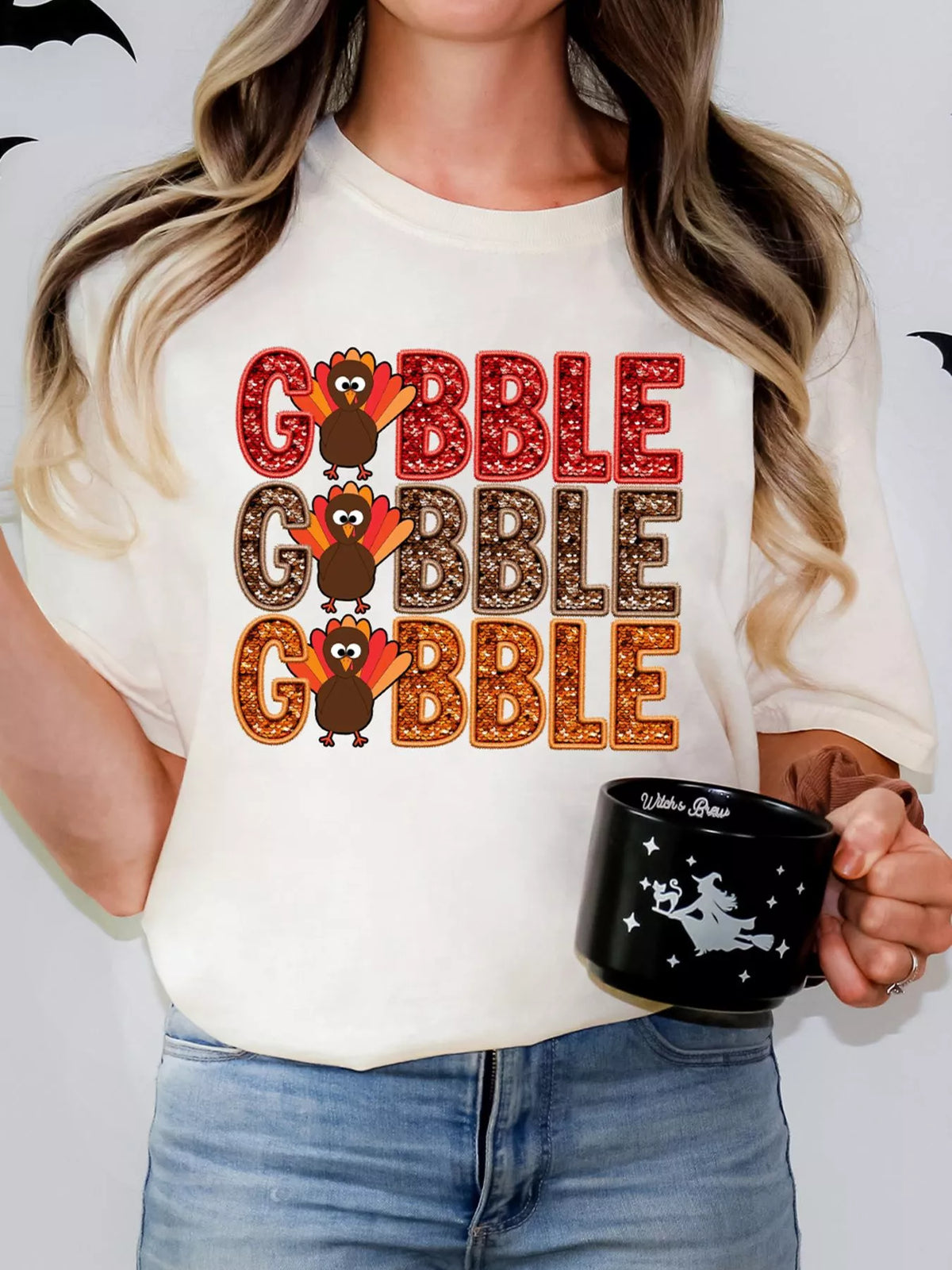 GOBBLE Thanksgiving Turkey Print T Shirt White OutfitFlow