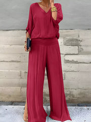 V-Neck Top and Wide Leg Pants Two-Piece Set OutfitFlow