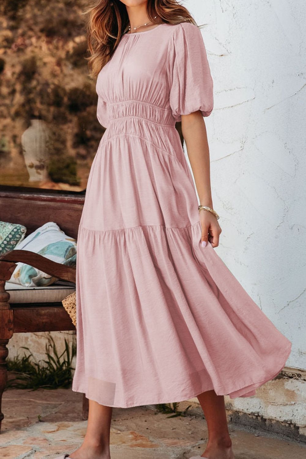Puff Sleeve Pleated High Waist Flowy Midi Dress OutfitFlow
