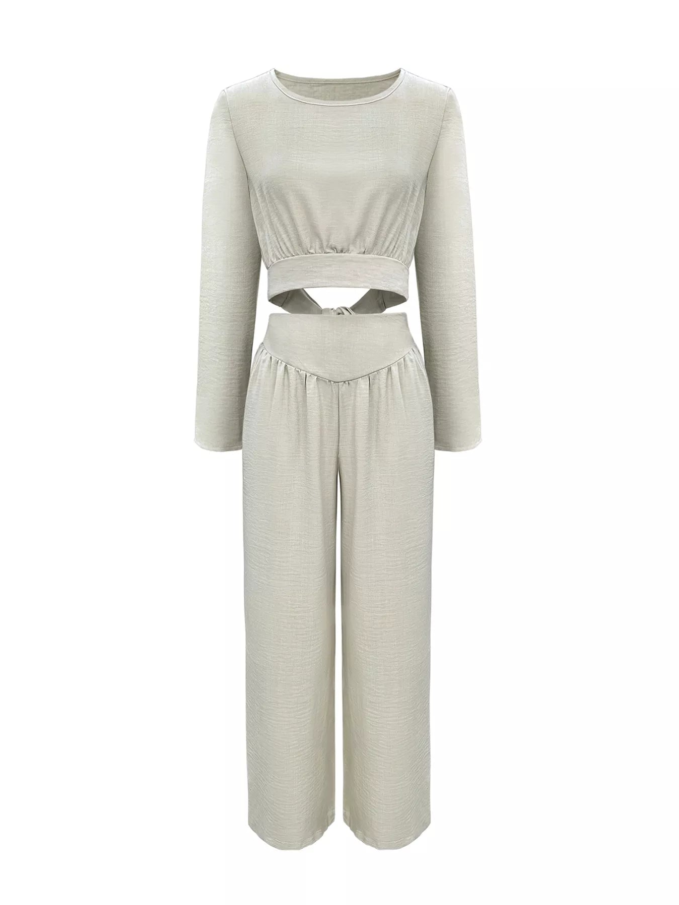 Long Sleeve Crop Top and Wide Leg Pants Set OutfitFlow