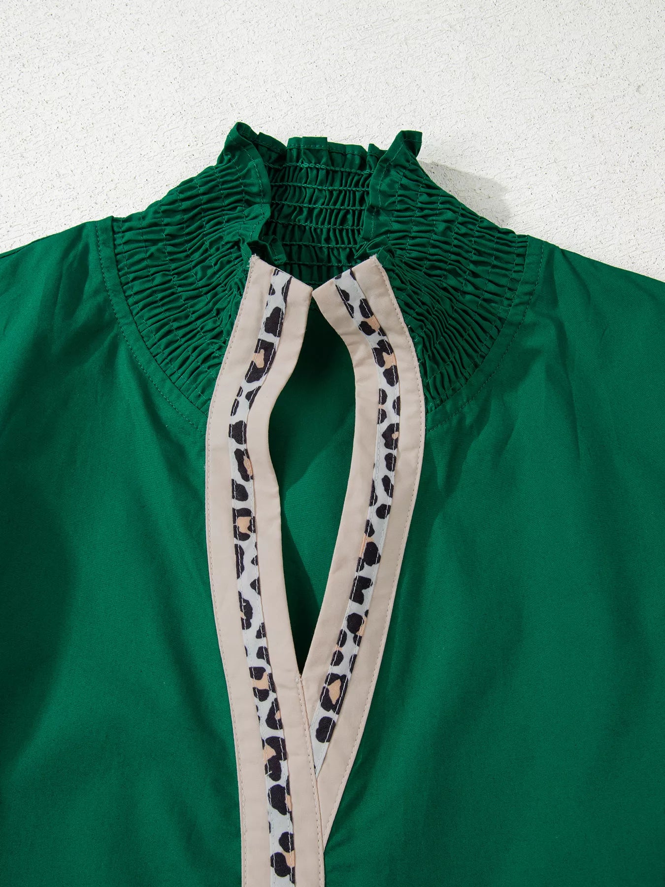 Puffy Flounce Sleeve Leopard Trim V Neck Blouse OutfitFlow