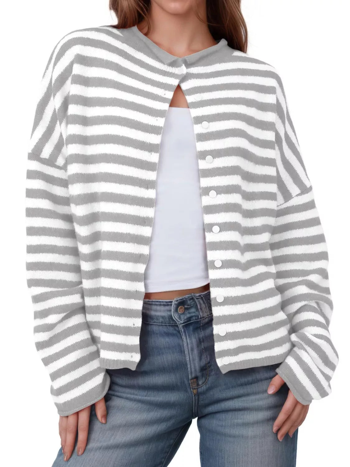 Striped Button-Down Knit Cardigan Light Gray OutfitFlow