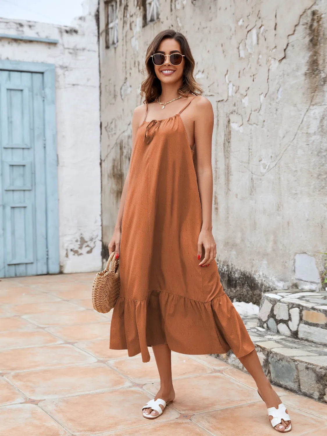 Ruffled Hem Midi Cami Dress Ochre OutfitFlow