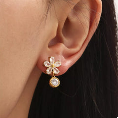 18K Gold-Plated Stainless Steel Zircon Flower Drop Earrings OutfitFlow