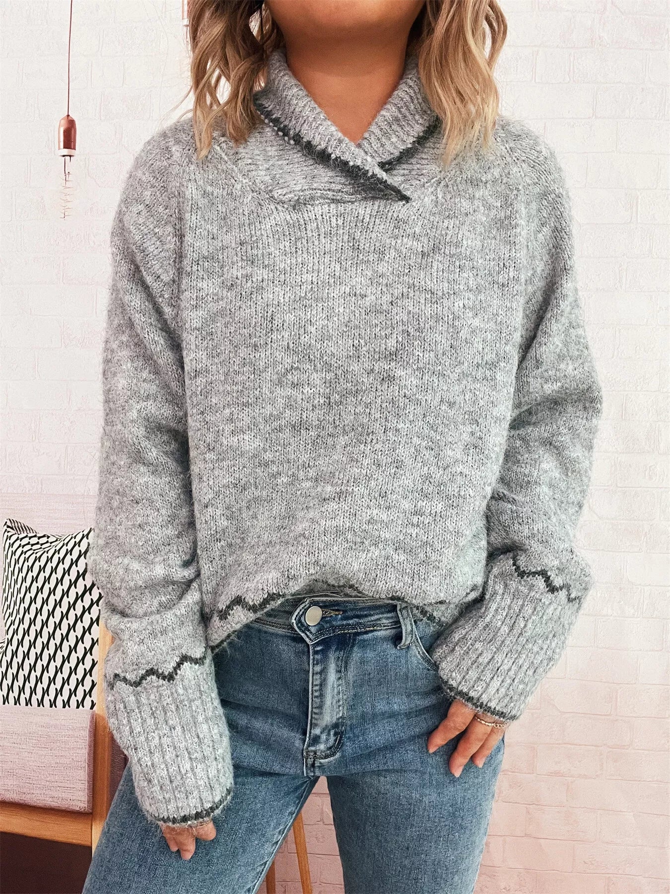 Ribbed Contrast Trim Long Sleeve Sweater Light Gray One Size OutfitFlow